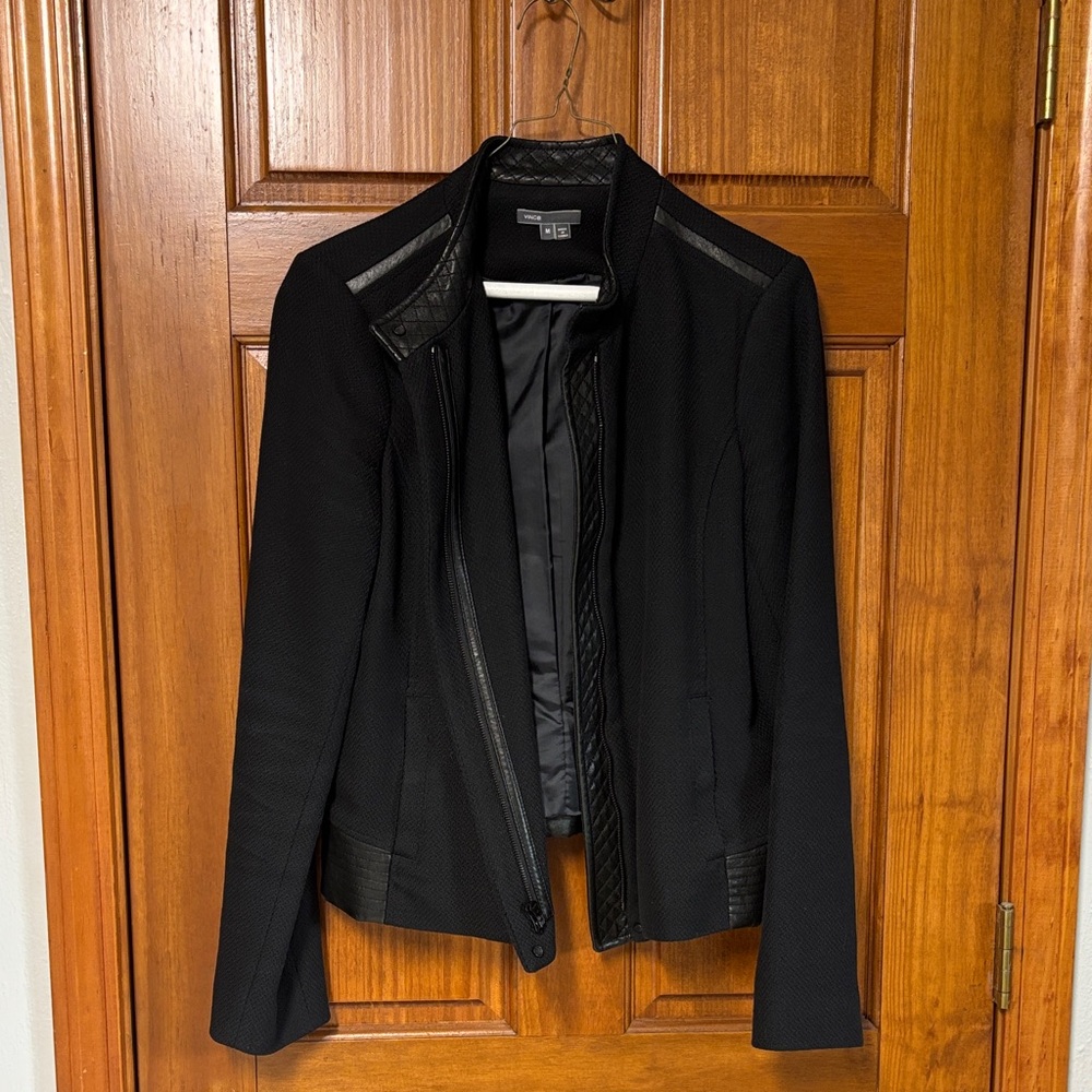 VINCE Black Cotton Jacket with Leather Trim Sz M